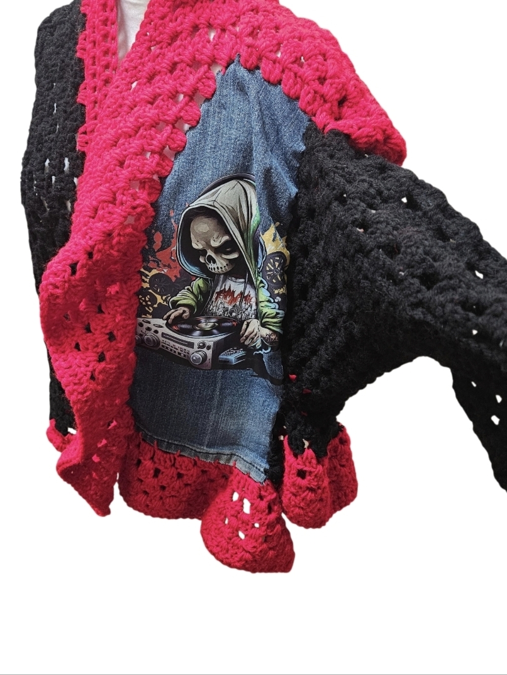 Women Granny Square Punk Cardigan Skull DJ Upcycled Denim Crochet Jacket Boho - Picture 9 of 16